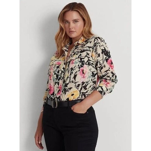 Lauren Ralph Lauren black label floral cotton button up blouse size large - Picture 1 of 8